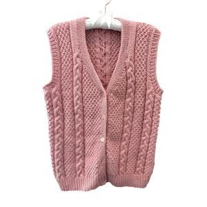 HANDMADE Pink Cable Knit Sweater Vest Chunky Cottagecore Grandpa Core Cozy Vest